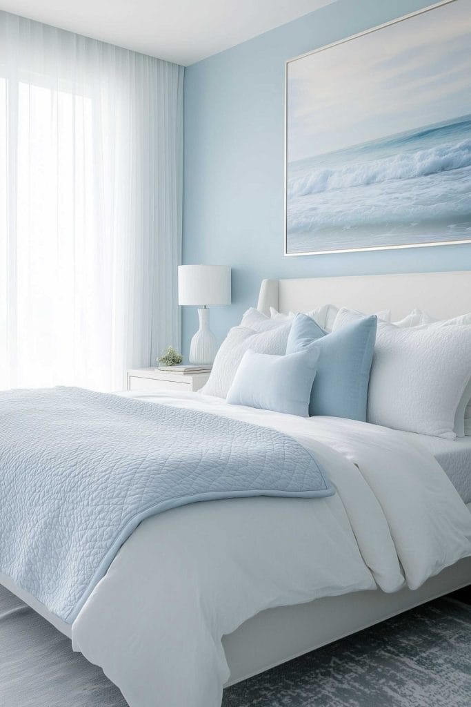 A clean and minimalist coastal bedroom with a cool, light blue and white color scheme. The bed features white bedding and soft blue pillows with a matching light blue throw. A painting of an ocean wave hangs above the bed, adding a refreshing and tranquil beachy atmosphere to the room. Light filters in through sheer white curtains, brightening the space.