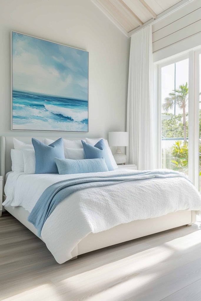 A bright and modern coastal bedroom with light cream walls and a large painting of ocean waves above the bed. The bedding is white with soft blue pillows and a matching throw, and sunlight filters through large windows with white curtains. The room exudes a fresh, coastal vibe with a serene and minimalistic design.