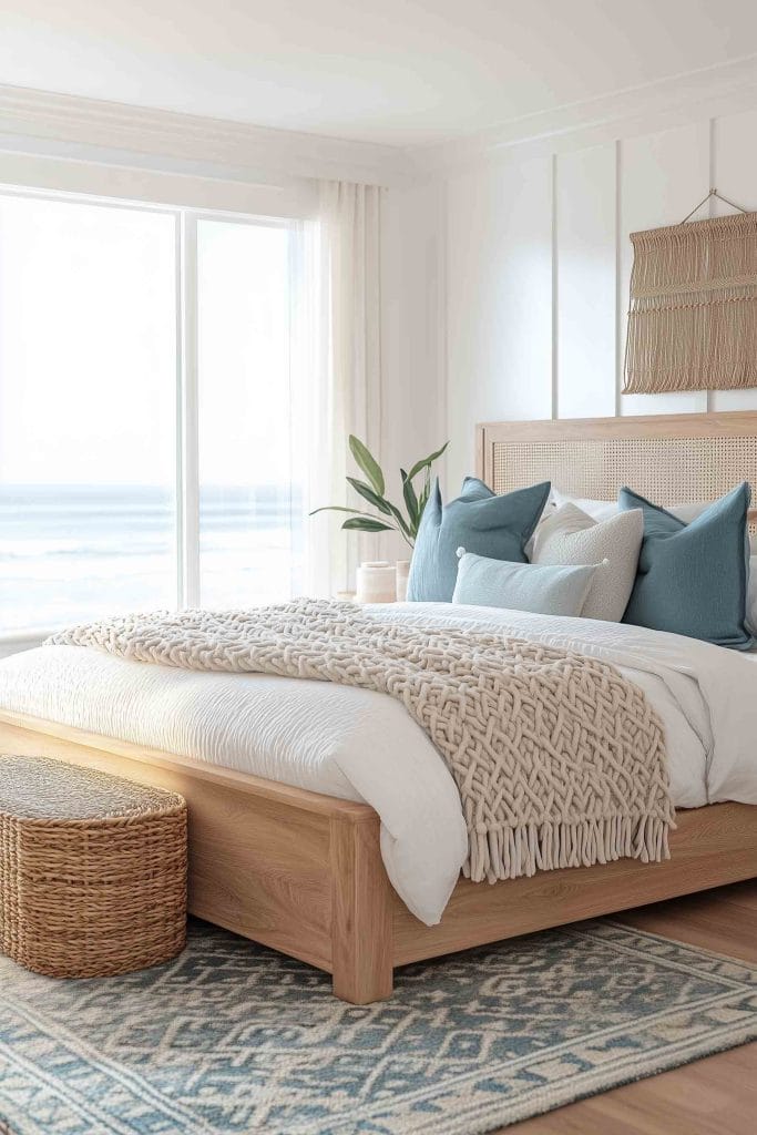 A cozy coastal bedroom featuring a light wood bed with white bedding and a chunky knitted beige blanket. Blue accent pillows add a pop of color. The room includes natural materials such as a woven basket and a textured area rug. The soft sunlight coming through large windows enhances the airy and beachy ambiance.