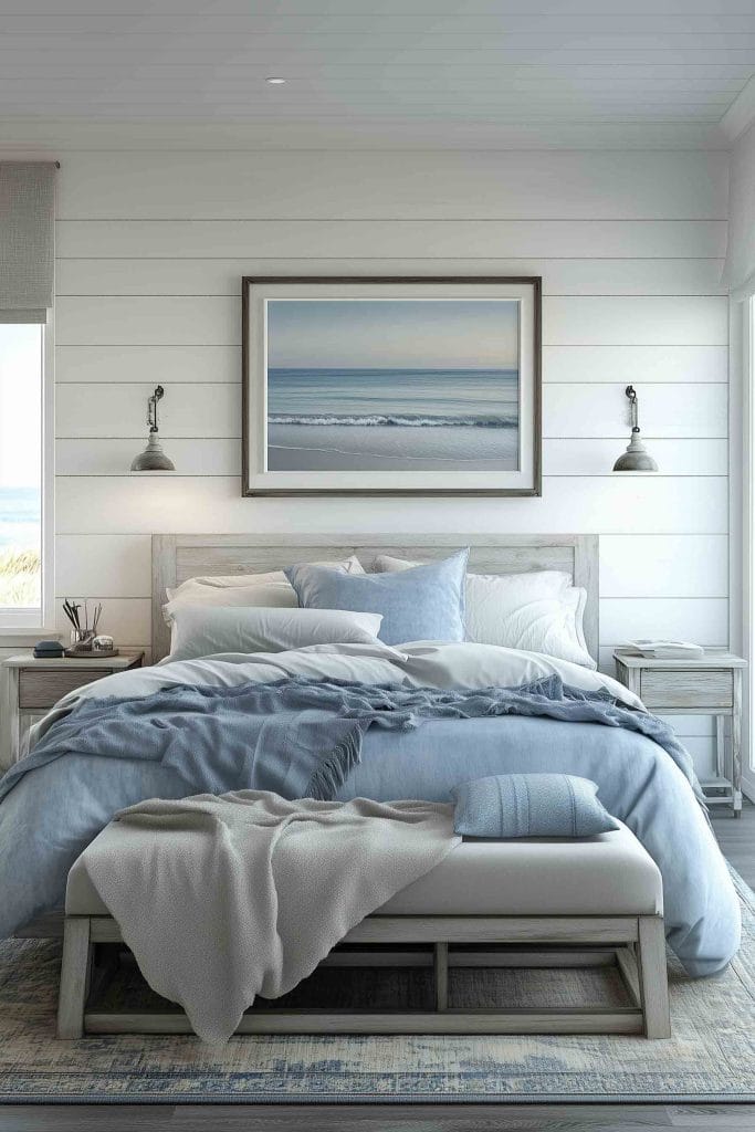 A tranquil coastal bedroom with a palette of soft blues and whites. The bed is layered with light blue blankets and pillows, and the walls are shiplap-style, painted white. A beach scene painting hangs above the bed, enhancing the calming, ocean-inspired theme. Natural textures like the wooden side tables and the woven bench add warmth to the room.