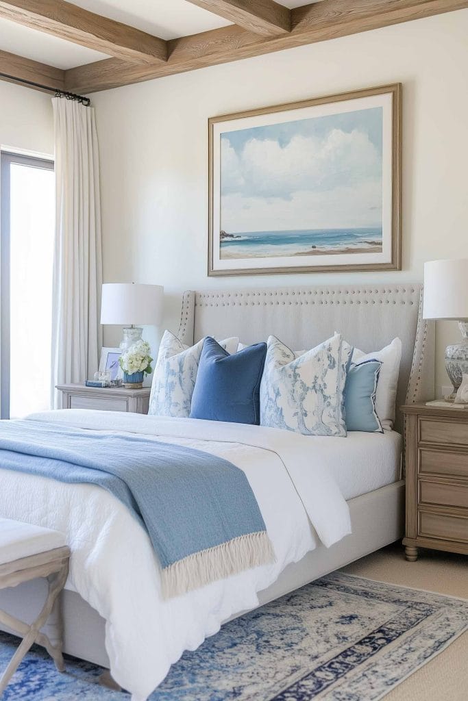 A stylish coastal bedroom with a blend of light neutral tones and blue accents. The bed is made up with soft white bedding, blue decorative pillows, and a light blue throw. Wooden beams on the ceiling and soft natural light through large windows create a warm and inviting space. A beach landscape painting hangs above the bed, tying in the coastal theme.