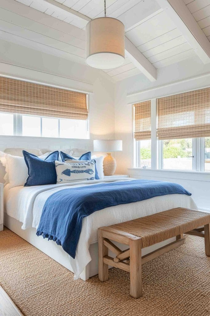 A charming coastal bedroom with crisp white walls and light wooden accents. The bed features a white duvet and navy blue blanket, with a fish-patterned pillow adding a whimsical touch. Woven shades on the windows and a jute rug on the floor provide natural textures that complement the serene beach-inspired atmosphere.