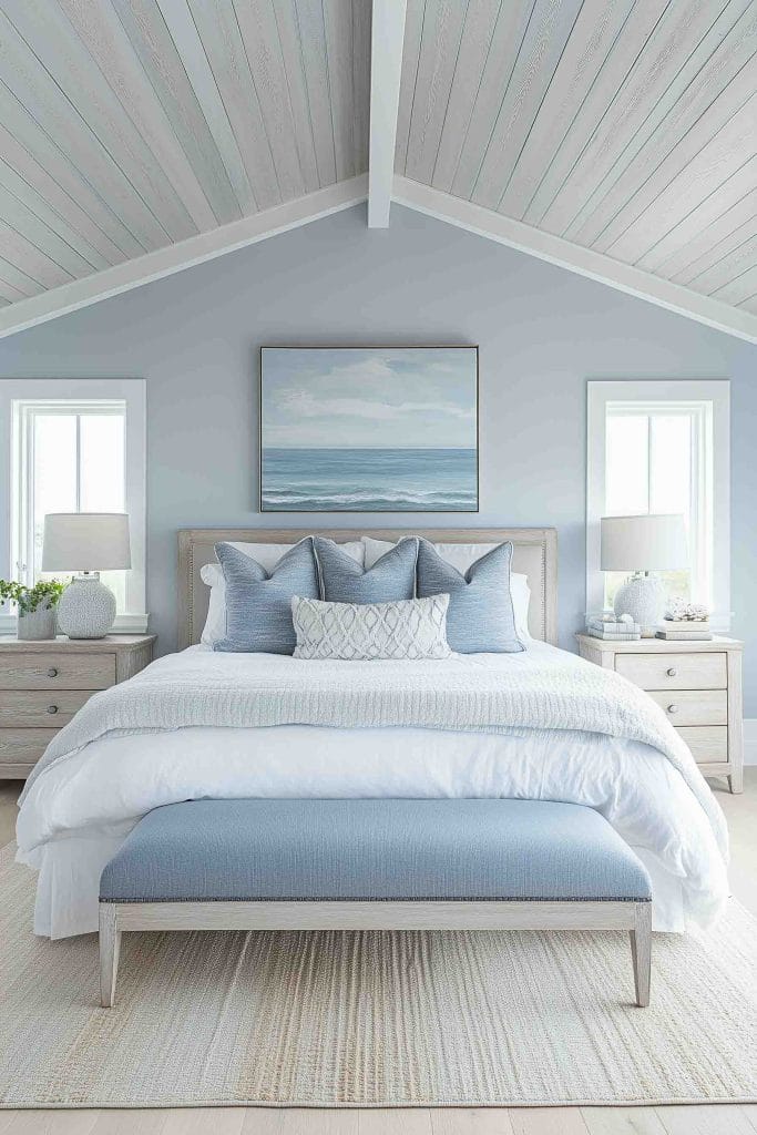 A serene coastal bedroom with soft blue walls and vaulted ceilings. The bed is dressed in white linens with light blue pillows and a knitted throw. Above the bed hangs a calming ocean painting, and natural light pours through windows on either side, creating a peaceful, airy atmosphere.