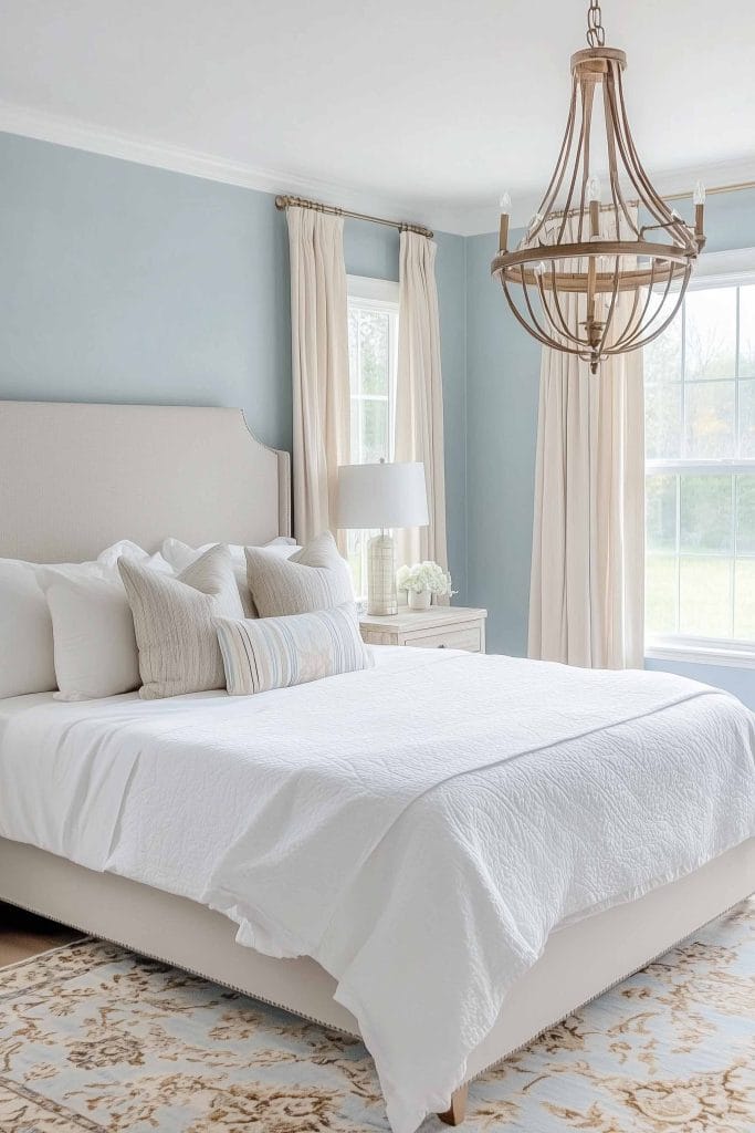 A coastal bedroom with pale blue walls and white bedding. A large wooden chandelier hangs from the ceiling, and the space is brightened by tall windows with light cream curtains. The bed features neutral-toned pillows, and the room has an elegant, airy design with a soft coastal palette.