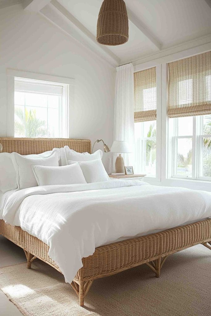 A minimalist coastal bedroom with a rattan bed frame and matching woven pendant light. The room is bathed in natural light, with white bedding and simple decor elements like woven blinds and a jute rug, creating a peaceful and airy coastal retreat.