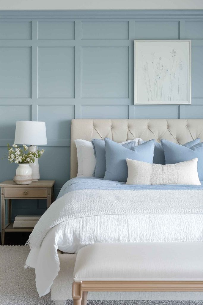 A cozy coastal bedroom with a panel accent wall in soft blue. The bed is styled with white bedding and light blue accent pillows. A white floral arrangement and a simple framed artwork above the bed add a touch of elegance, while the soft textures contribute to the room's serene, beach-inspired feel.