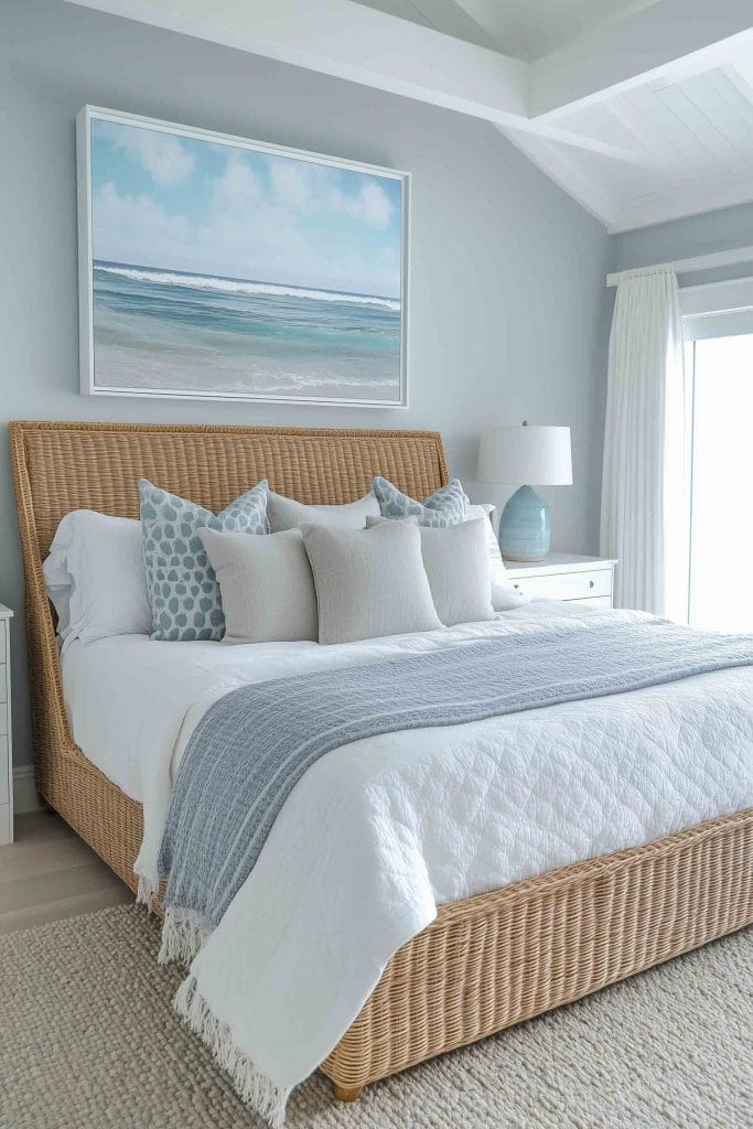 A beachy bedroom with a rattan bed frame and white bedding, accented by light blue pillows and a soft blue throw. A large painting of ocean waves hangs above the bed, reinforcing the room's coastal theme. The space is filled with natural light from a large window, complementing the airy, beach-like ambiance.