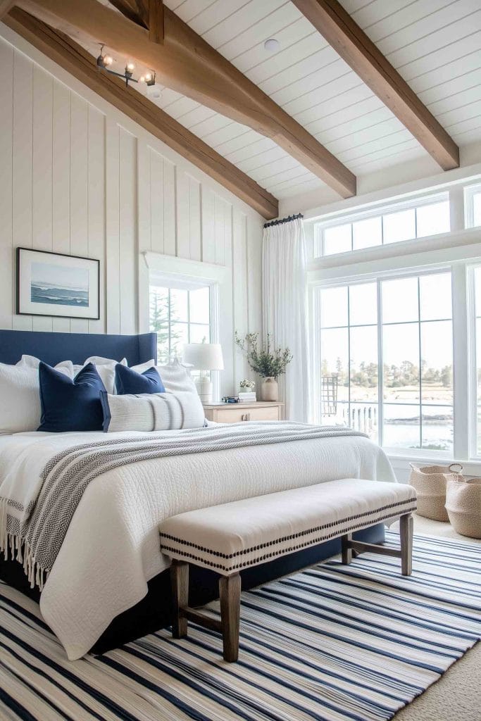 A bright and spacious coastal bedroom with exposed wooden beams and white shiplap walls. The bed features white linens with navy blue accent pillows and a striped throw blanket. Large windows offer views of a serene outdoor scene, while a striped rug and bench at the foot of the bed enhance the nautical design.