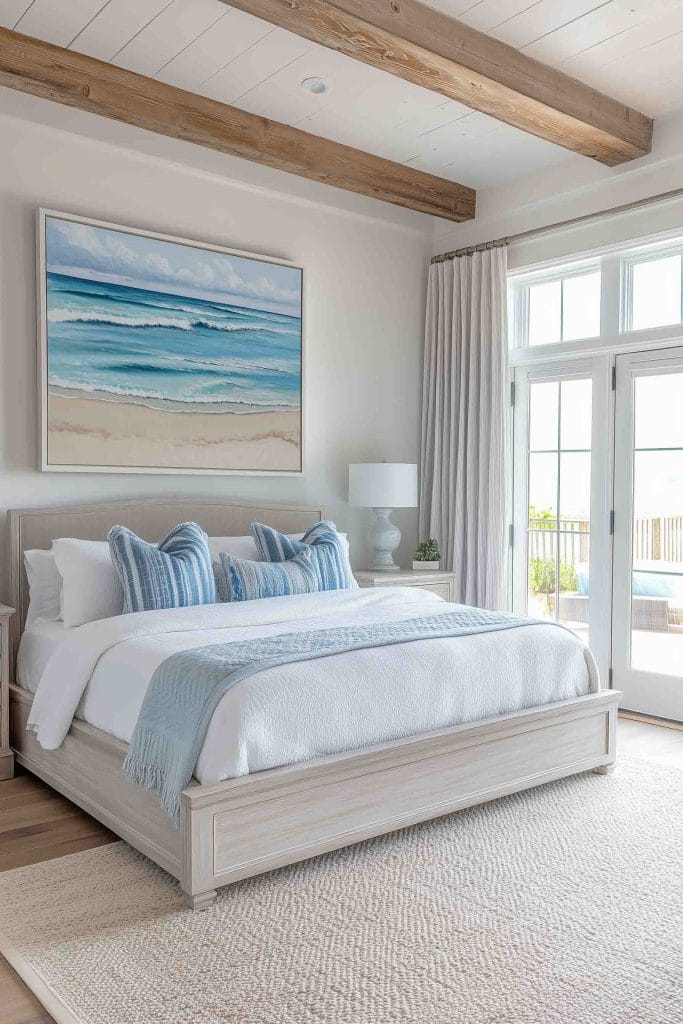 A bright coastal bedroom with exposed wooden beams on the ceiling. The bed features soft white bedding with blue striped pillows and a matching light blue throw. A painting of ocean waves hangs above the bed, and natural light floods the room through large glass doors, creating a calm and breezy atmosphere.