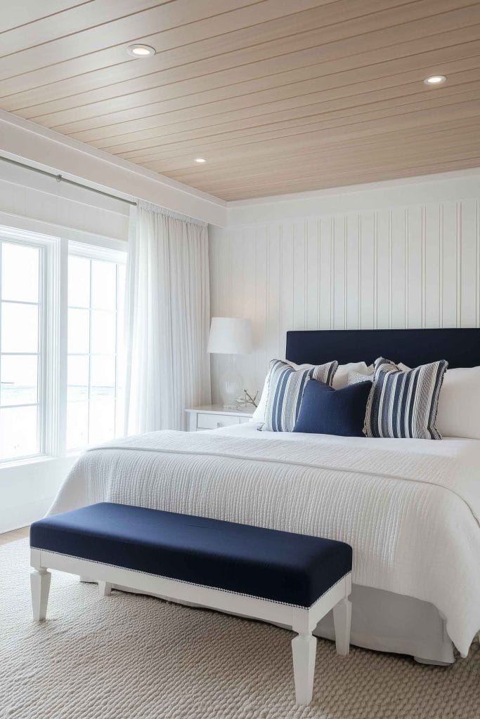 A sophisticated coastal bedroom with a white shiplap wall and a wooden ceiling. The bed is made with white linens, navy blue pillows, and a matching bench at the foot of the bed. The neutral tones of the bedding are complemented by the natural light streaming in from a large window, creating a fresh and relaxed vibe.