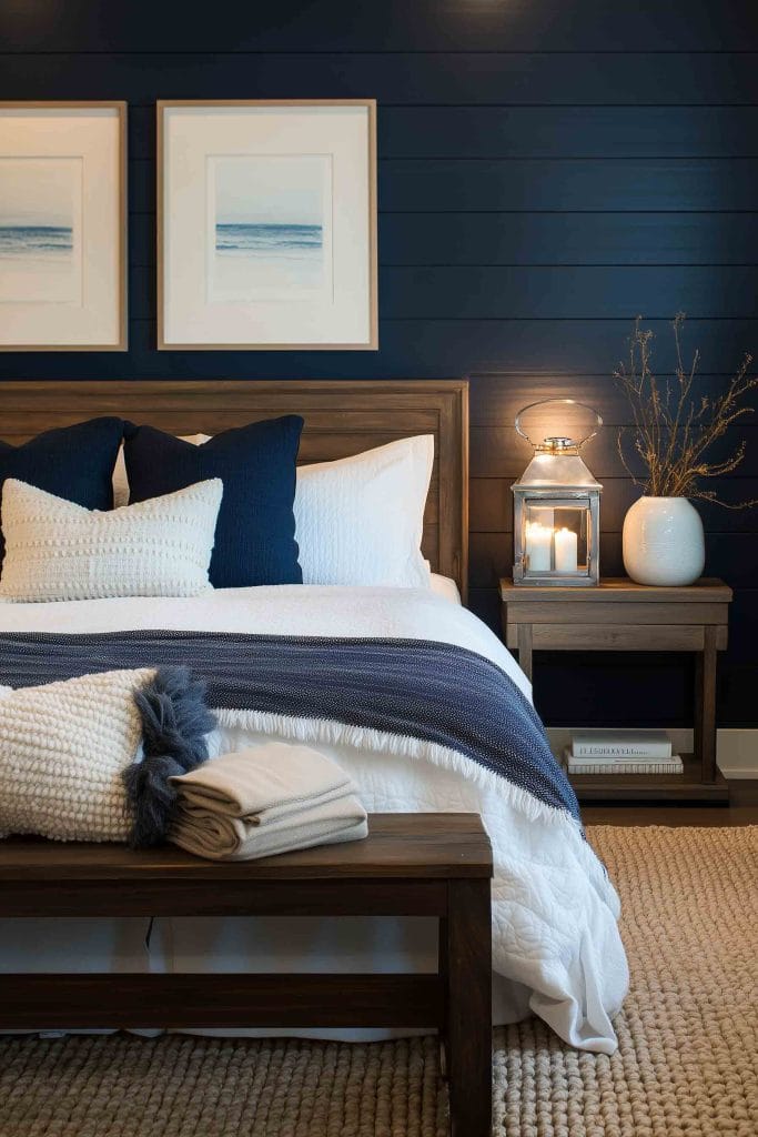 A cozy and intimate coastal bedroom with deep navy blue walls. The bed is adorned with white bedding and a navy throw, while white and navy pillows enhance the beachy theme. Soft lighting and decorative elements, such as a lantern on the nightstand and framed ocean artwork above the bed, add warmth and tranquility to the space.