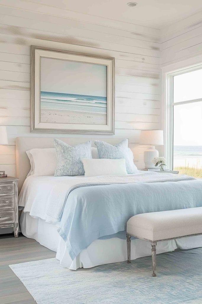 A serene bedroom featuring soft coastal tones with a light beige bed, pale blue and white pillows, and a calming ocean painting above the bed. The room exudes warmth with natural wood nightstands and a soft beige lamp, completing the coastal theme with light blue accents and cozy textures.