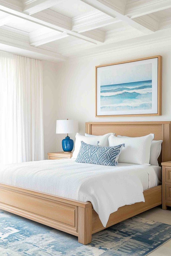 A bright, crisp coastal bedroom with a wooden bed frame and clean white bedding. A bold blue accent pillow and matching ceramic lamp add pops of color, while a serene ocean painting hangs above the bed. The room also features a soft blue patterned rug, complementing the overall coastal theme.