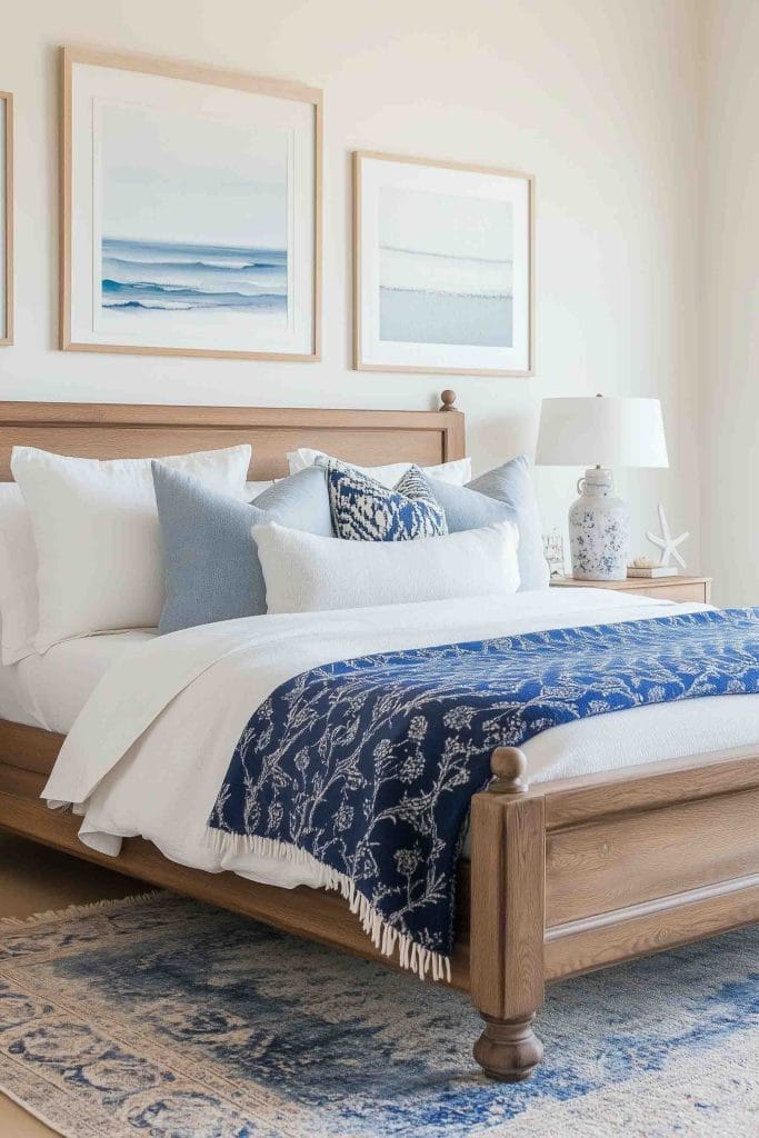 A serene coastal bedroom featuring a wooden bed frame with white and light blue bedding. The bed is adorned with decorative blue-patterned pillows, while above it hang three framed ocean-inspired artworks. A bedside table holds a ceramic lamp, creating a calm, coastal atmosphere.