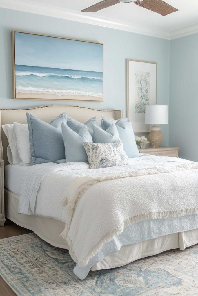 A light and airy coastal bedroom with soft blue walls and plush white bedding. The bed is accented with light blue pillows, a textured throw blanket, and a subtle coastal painting above the headboard. A wooden ceiling fan and elegant decor add to the room's tranquil beachside feel.