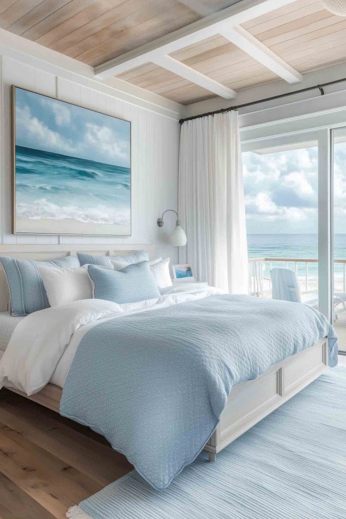 A bedroom with a beach view, featuring a large window and a cozy bed dressed in light blue bedding. A striking ocean painting hangs above the bed, while white curtains and natural light contribute to the airy, calming atmosphere of the room.