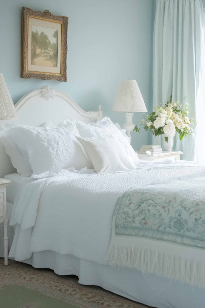 A classic and elegant bedroom with a vintage touch. The bed is dressed in crisp white linens with delicate floral details. The soft blue walls are complemented by a framed traditional artwork above the bed, and a bouquet of white flowers on the nightstand adds a fresh, serene touch.