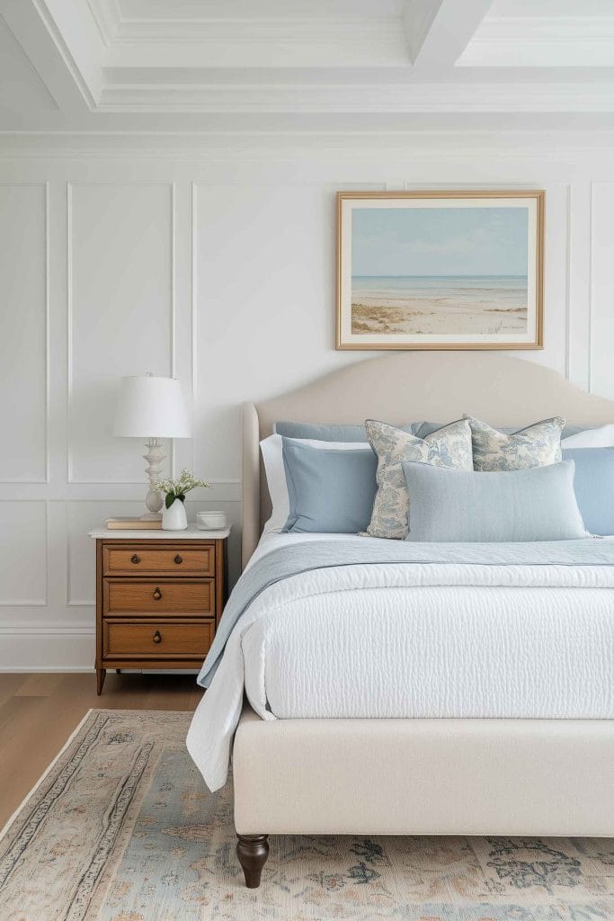 A refined coastal bedroom with an upholstered beige bed, accented by soft blue and white pillows. A framed beach scene hangs above the bed, while a wooden nightstand and white lamp add warmth and character. The neutral tones, combined with soft blue hues, create a peaceful coastal retreat.