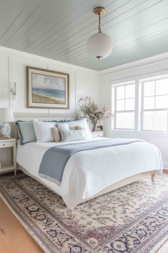 A calming coastal bedroom with a soft color palette of white and light blue. The room features a large bed dressed in white linens with blue accents, and an ocean landscape painting above the bed. The ceiling is painted light blue, and the floor is covered by an ornate rug, creating a peaceful and airy environment.