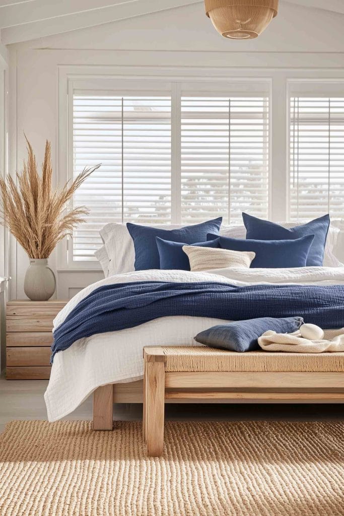 A modern coastal bedroom with earthy tones and bold navy blue accents. The bed is dressed in white linens with deep blue pillows and a blanket. A woven bench sits at the foot of the bed, and a vase of dried pampas grass adds a natural touch, complemented by a textured rug.