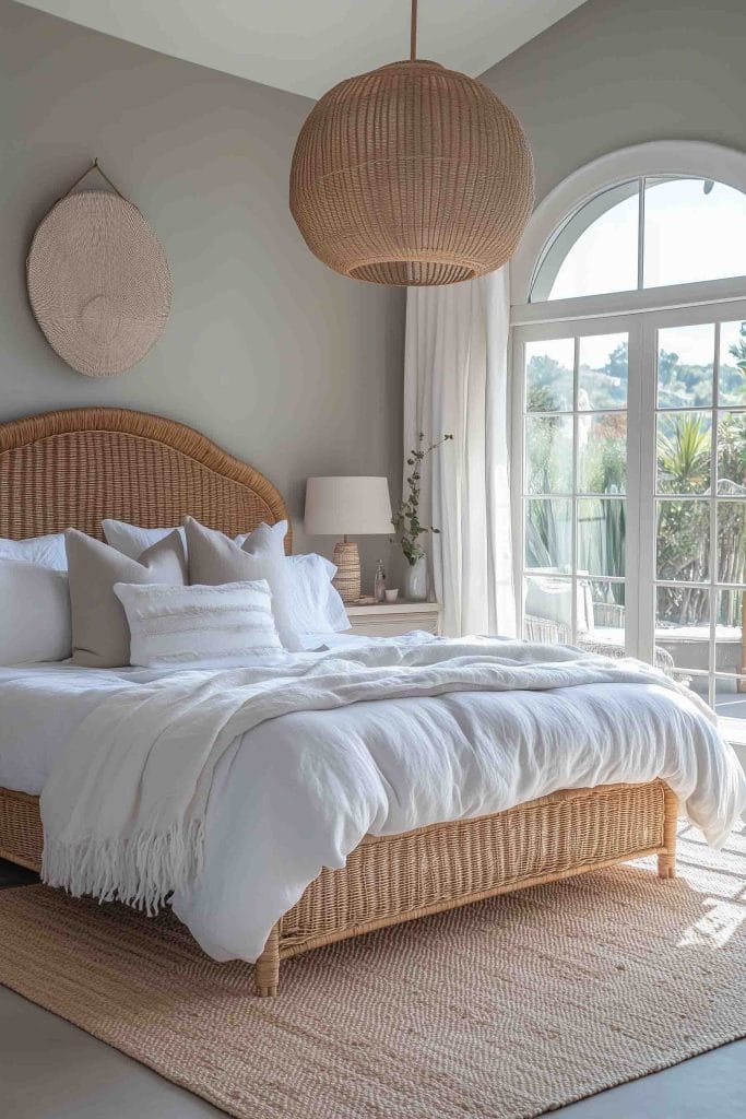 A sunlit coastal bedroom with neutral tones and a touch of bohemian style. The bed features soft white linens and a rattan frame, while a large rattan pendant light hangs overhead. The room opens up to a patio, enhancing the airy and open atmosphere.