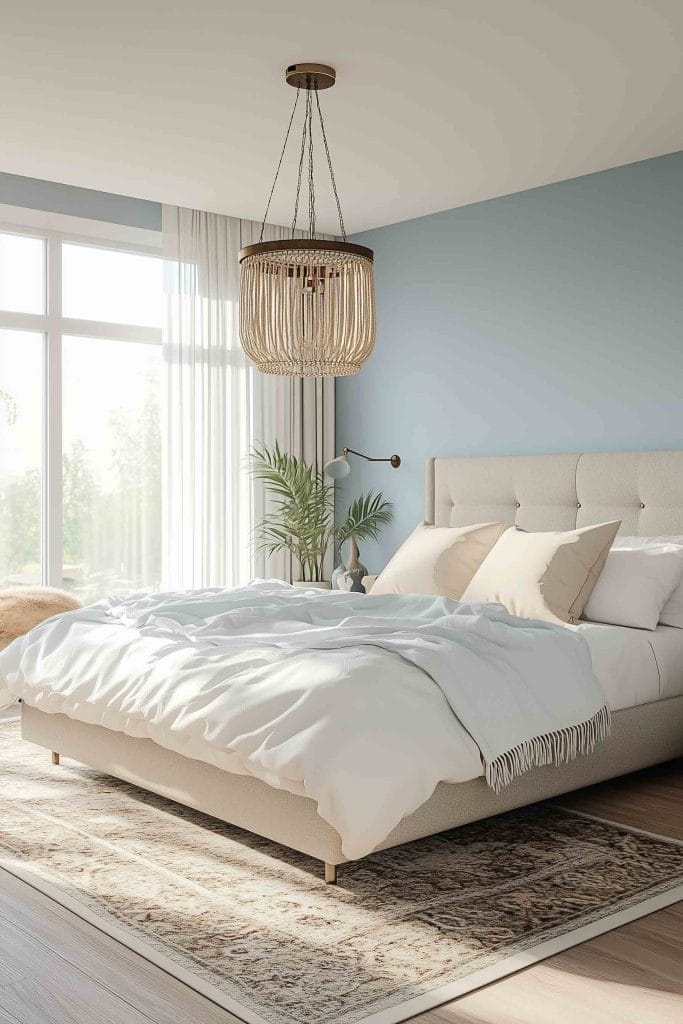 A sleek and modern coastal bedroom with a minimalist design. The light blue accent wall contrasts with the white bed linens, creating a clean and refreshing look. A woven chandelier adds texture, and the room is bathed in natural light from the large window.