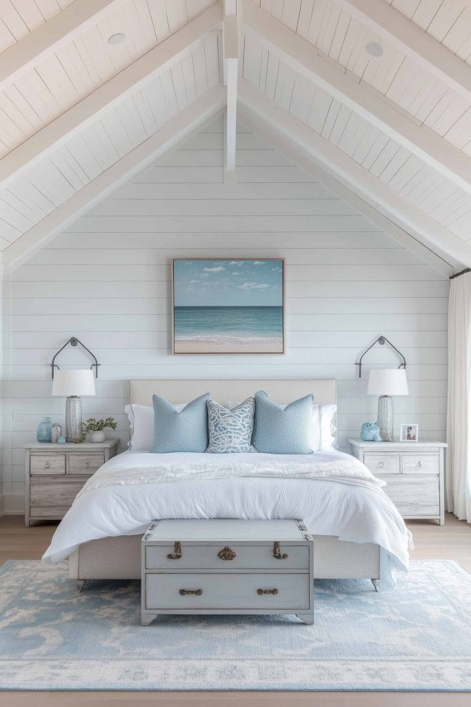 A spacious bedroom with vaulted ceilings and shiplap walls painted in white. The bed features a combination of blue and white tones, complemented by a large ocean painting above the bed. The room also includes rustic nightstands, ocean-themed decor, and a light blue rug underfoot, bringing a beachy calm to the space