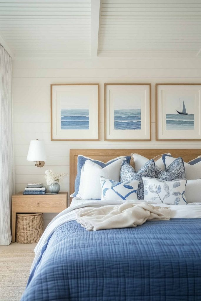 A cozy coastal bedroom with blue and white hues. The bed is adorned with a mix of blue and white pillows, while three framed ocean-themed artworks hang above the bed. A wooden side table adds warmth to the space, and a soft woven rug completes the coastal feel.