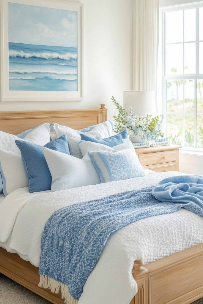 A bright coastal bedroom with a light wood bed frame, featuring soft blue and white bedding. An ocean-themed painting hangs above the bed, and a vase with white and blue flowers sits on a wooden bedside table. The large window offers plenty of natural light, contributing to the fresh, airy atmosphere.