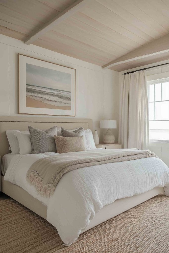 A minimalist coastal bedroom with neutral tones. The bed is adorned with light beige and white linens, while a large framed beach landscape hangs above the headboard. Natural light flows in through a window, and a woven rug adds texture to the clean, peaceful space.