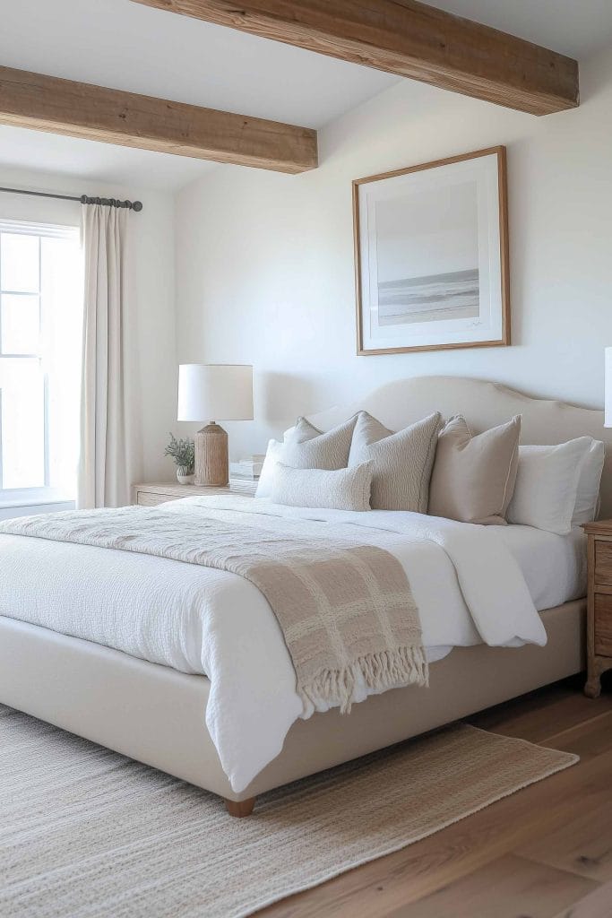 A neutral-toned bedroom with wooden beams on the ceiling. The bed features light beige bedding, while a serene ocean photograph in a wooden frame hangs above the headboard. Natural light fills the room through a large window, and a simple rug covers the wooden floor.