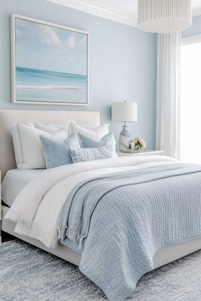 A serene blue and white coastal bedroom with light blue walls. The bed is styled with layers of white and soft blue bedding, while a large framed ocean scene hangs above the bed. A bedside lamp and soft lighting create a calm and cozy atmosphere.