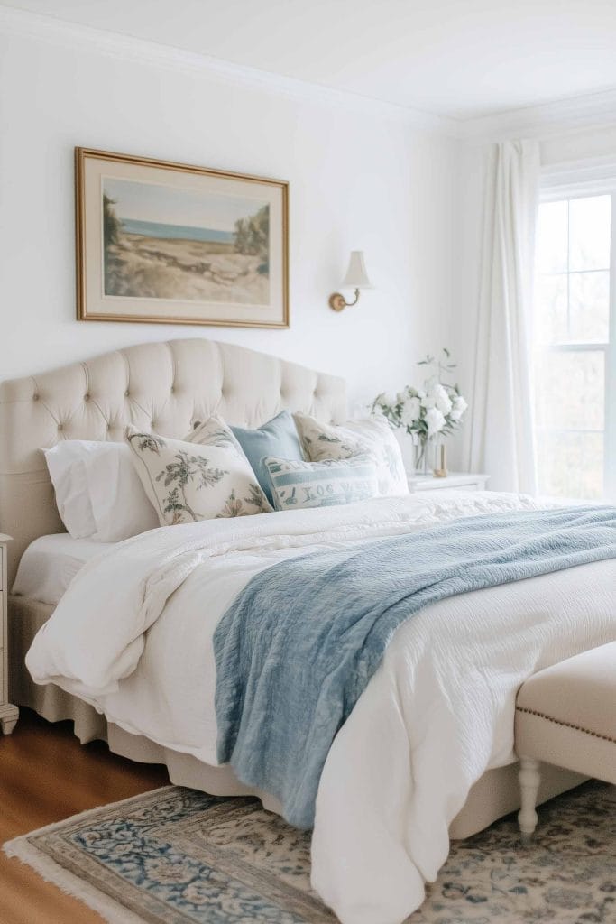 A coastal bedroom with a traditional and elegant style. The bed is dressed in white linens with soft blue accents, and a large landscape painting in a gold frame hangs above the tufted headboard. A blue patterned rug adds a classic touch to the room, and natural light streams through the windows.