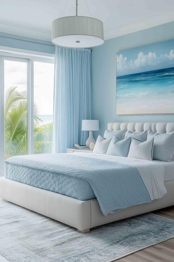 A tranquil coastal bedroom with a light blue theme. The room features a white upholstered bed with blue bedding and pillows. A large ocean painting hangs above the bed, and floor-to-ceiling windows offer a stunning view of palm trees and the ocean. A soft, light-colored rug adds texture to the serene space.