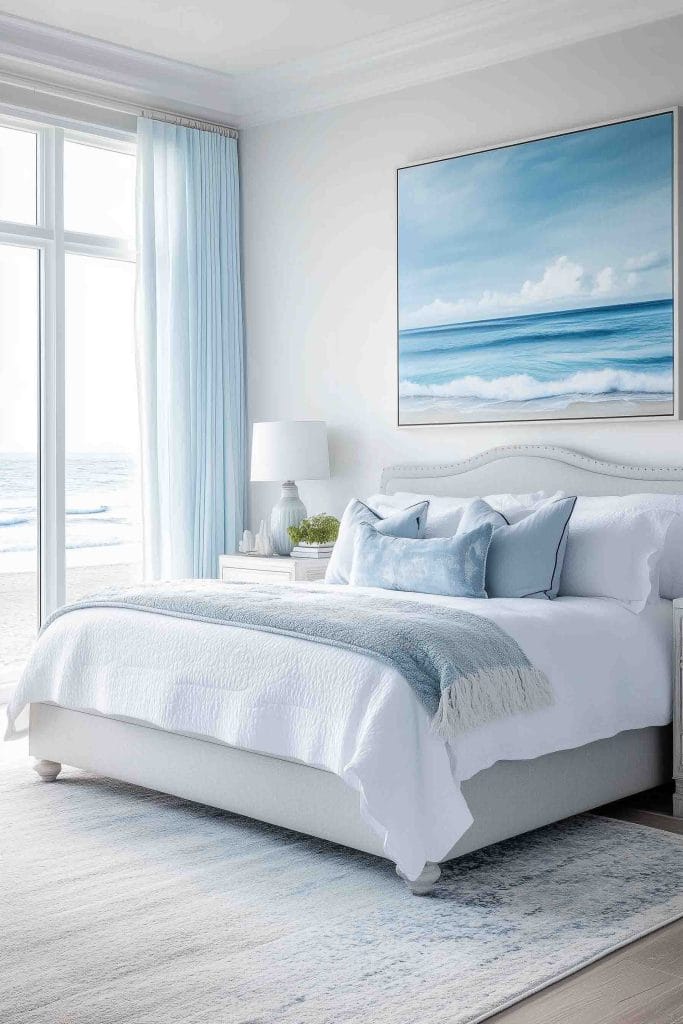 A coastal bedroom with a calming, minimalist design in blue and white tones. The bed features soft white linens with blue accents, and an ocean-themed painting above the bed. The room is filled with natural light from the large windows, with a view of the beach outside, enhancing the airy and peaceful atmosphere.