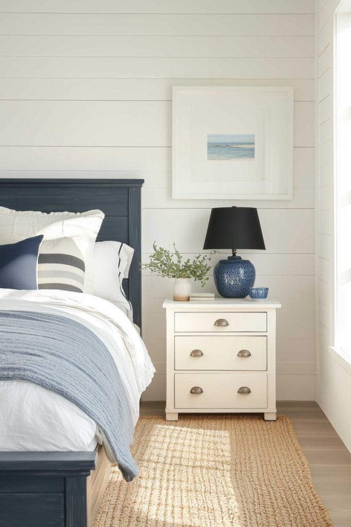 A cozy coastal bedroom with navy and white bedding. The bed features a dark wood frame, and a white nightstand sits beside it with a navy lamp and a small plant. A framed beach photo hangs on the white shiplap wall, adding to the nautical-inspired decor.