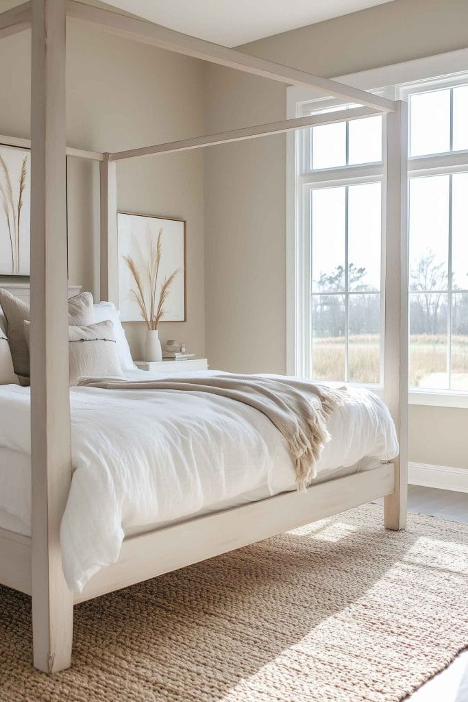 A bright and airy bedroom with a four-poster bed and neutral-toned bedding. Large windows allow natural light to flood the space, with a scenic view of open fields. Simple artwork with natural elements adorns the walls, and a woven rug adds texture to the room.