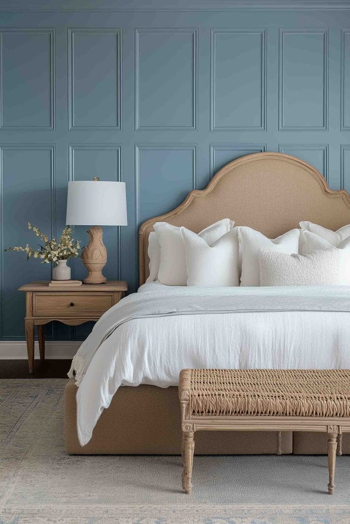 A spacious bedroom with vaulted ceilings and shiplap walls painted in white. The bed features a combination of blue and white tones, complemented by a large ocean painting above the bed. The room also includes rustic nightstands, ocean-themed decor, and a light blue rug underfoot, bringing a beachy calm to the space