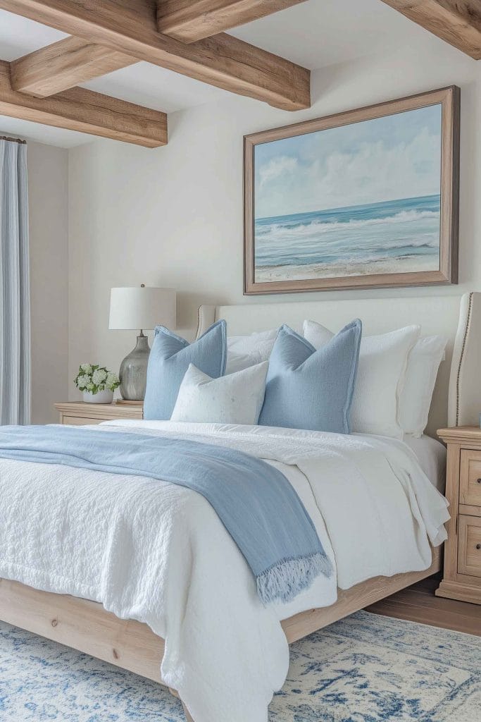 A charming coastal bedroom with exposed wooden beams on the ceiling. The bed is dressed in white and blue linens, with a soft blue blanket draped across it. Above the bed hangs a framed ocean painting, and light wood nightstands sit on either side of the bed, contributing to the room's beachy, rustic vibe.