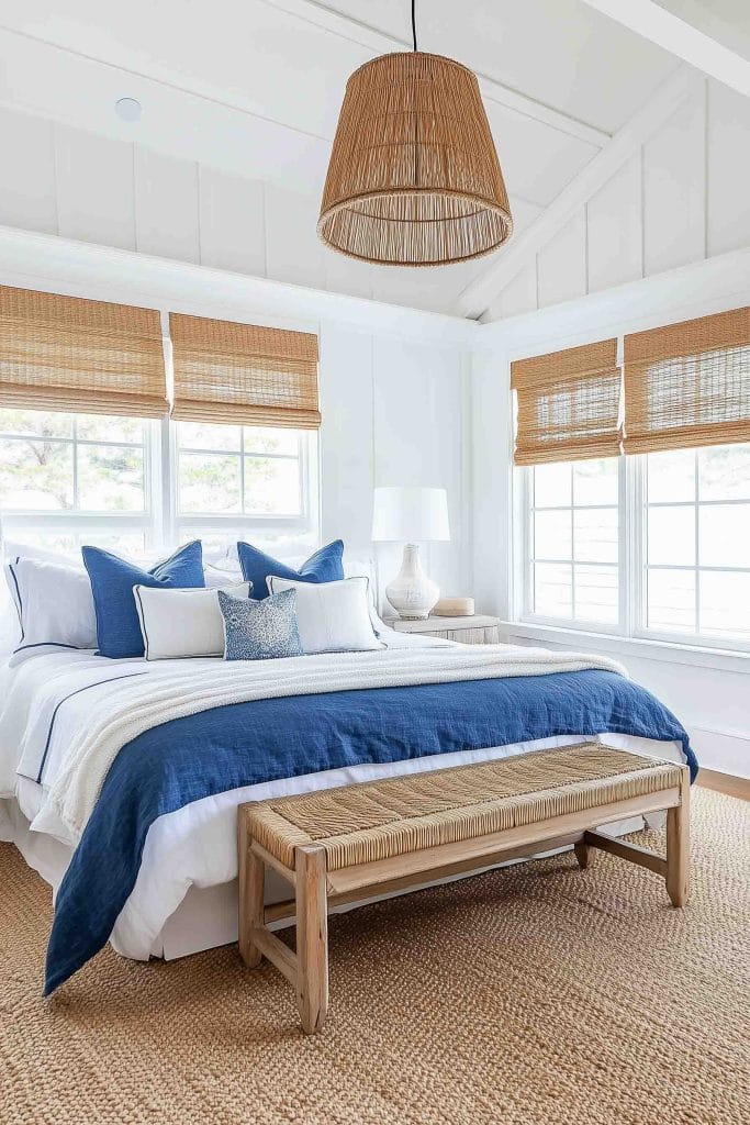 A coastal bedroom with a woven pendant light hanging above the bed. The room features white walls and large windows with bamboo shades, allowing natural light to fill the space. The bed is styled with navy blue and white linens, and a woven bench sits at the foot of the bed, complemented by a textured jute rug.