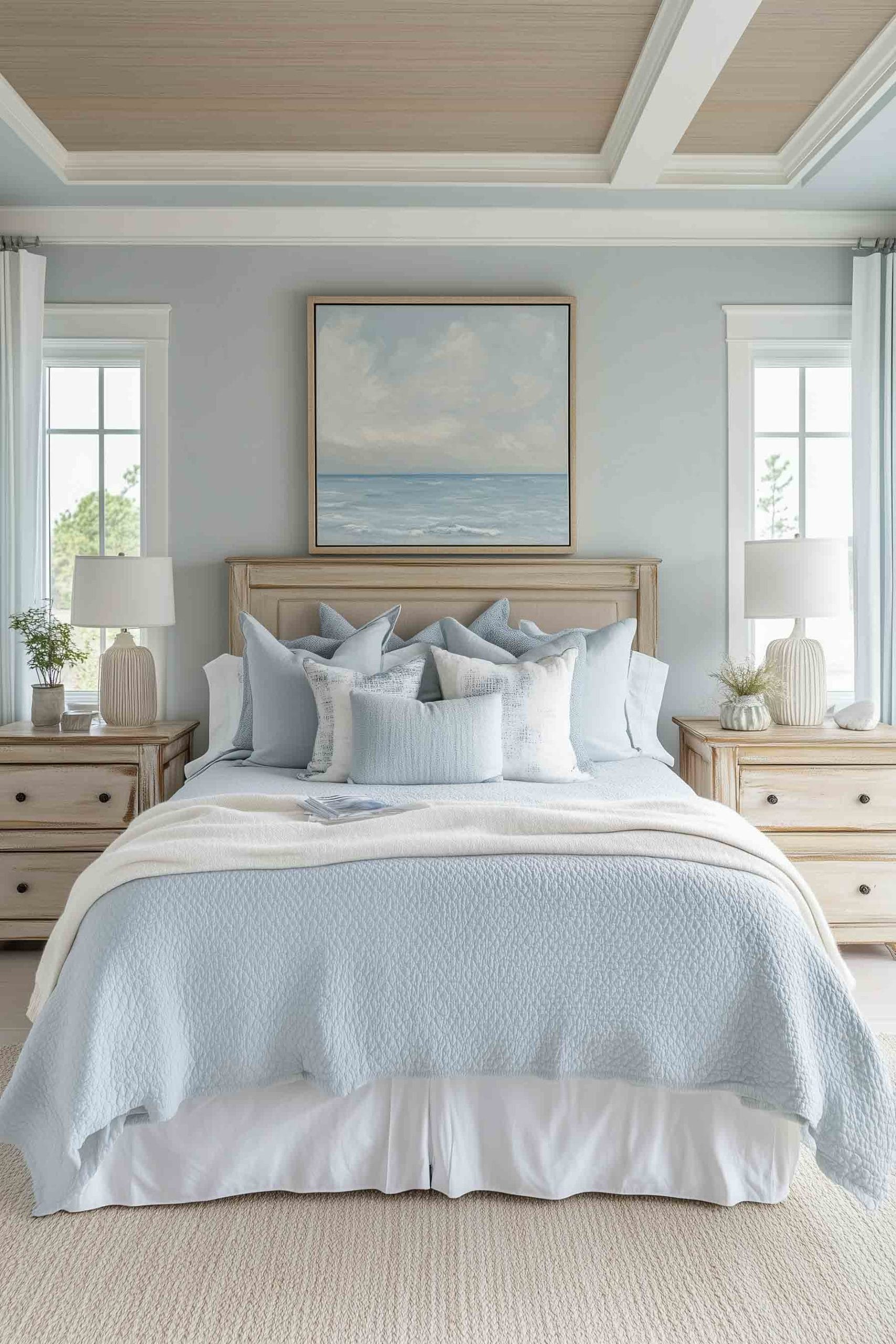 A serene coastal bedroom with soft blue tones. The bed is adorned with light blue bedding and numerous pillows, with a painting of the ocean hanging above the wooden headboard. Two bedside tables with matching lamps flank the bed, and natural light pours in through the windows on both sides.