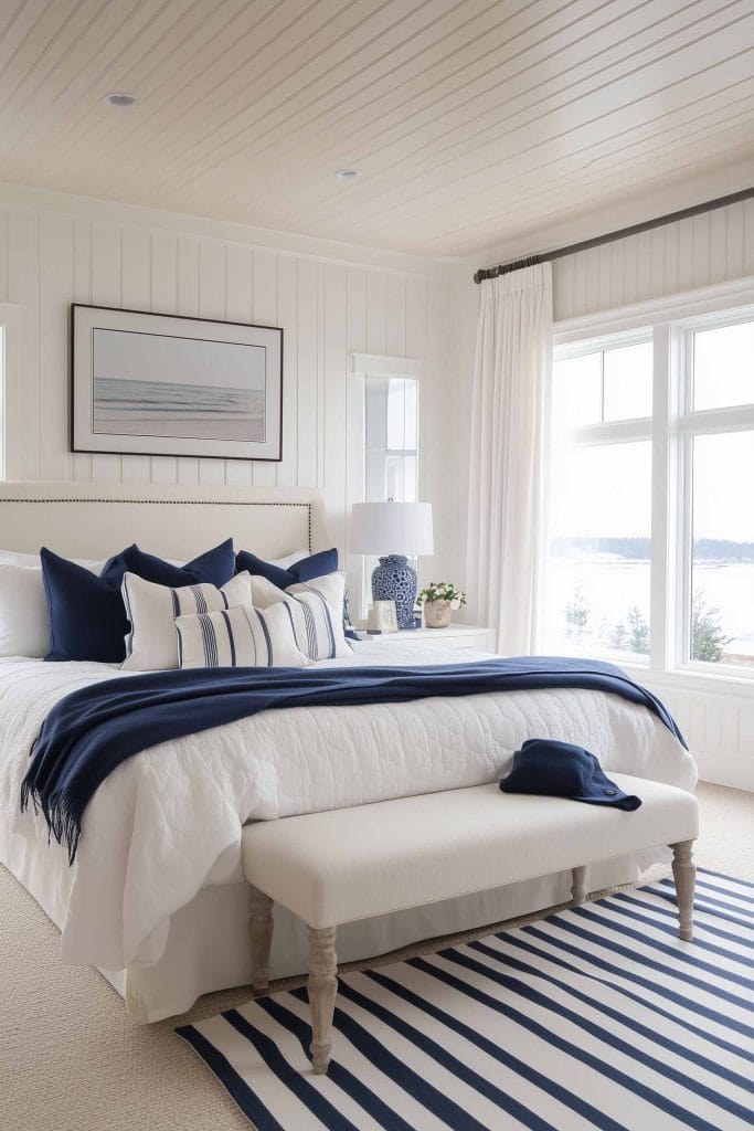 A bright and nautical-inspired bedroom featuring white shiplap walls and a white upholstered bed. The bedding includes white and navy blue linens, with a striped navy and white rug placed at the foot of the bed. A white bench and large windows allow plenty of natural light to fill the space, enhancing the coastal feel.