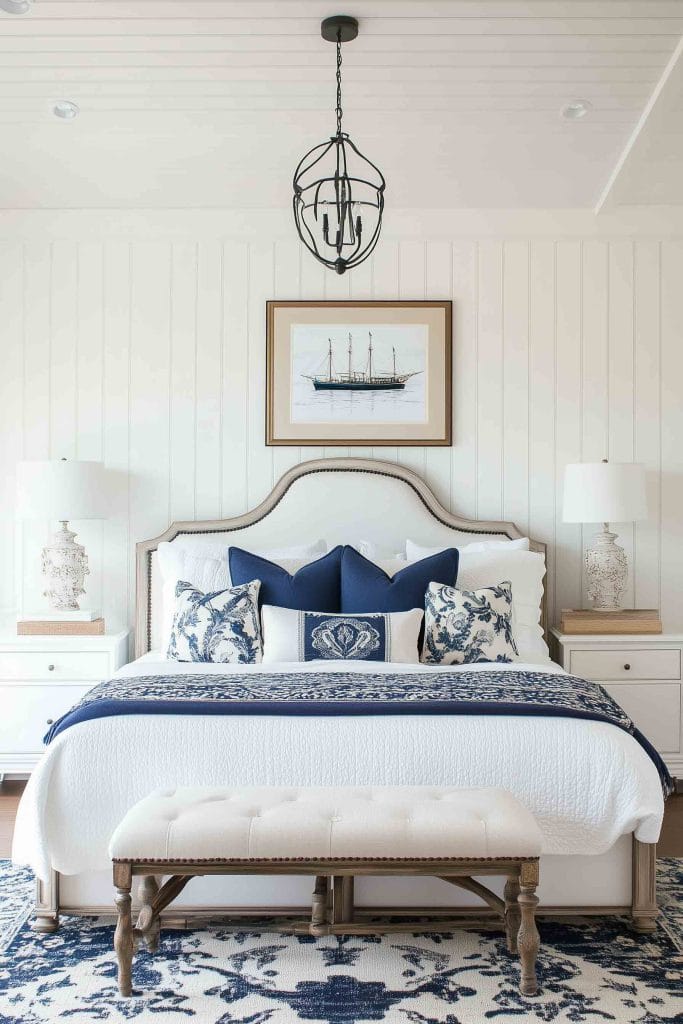 A coastal bedroom with white paneling and navy blue accents. The bed is decorated with navy and white patterned pillows, and a classic ship painting hangs above the headboard. A beige bench sits at the foot of the bed, and a navy blue and white patterned rug anchors the space.