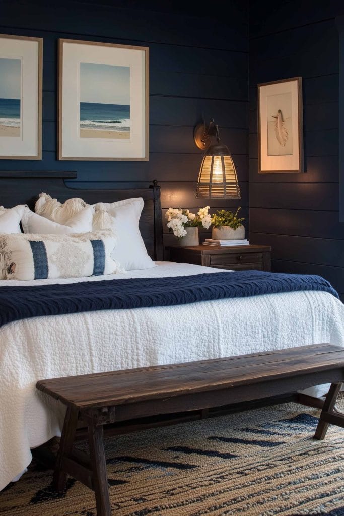 A cozy bedroom with deep navy shiplap walls. The bed features white and navy linens, and a rustic wooden bench sits at the foot. Warm lighting from a woven lamp gives the room a soft glow, and two framed beach artworks hang above the bed, adding to the beachy ambiance.