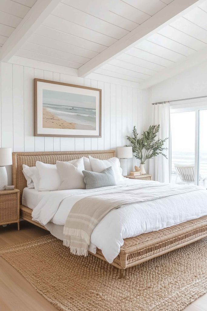 A light-filled coastal bedroom with a natural rattan bed frame, layered white and beige bedding, and a textured jute rug. The framed beach scene above the bed and natural wood elements throughout the room evoke a relaxed, airy coastal atmosphere, with an open view to the sea from the sliding doors.