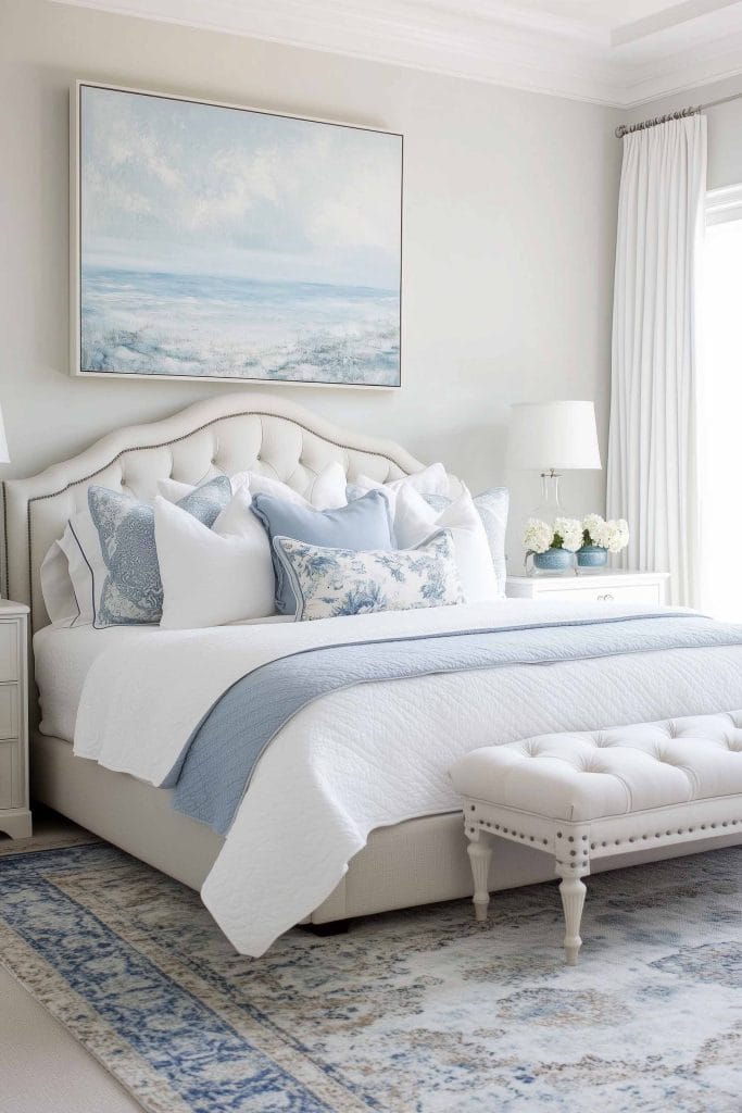 A serene bedroom featuring a white tufted headboard with an assortment of white and light blue pillows. The bed is draped with a white quilt and a soft blue throw. The room is bright with neutral tones, adorned with a large framed ocean painting above the bed. White curtains and a light blue rug complement the soft coastal theme, enhancing the tranquil atmosphere.