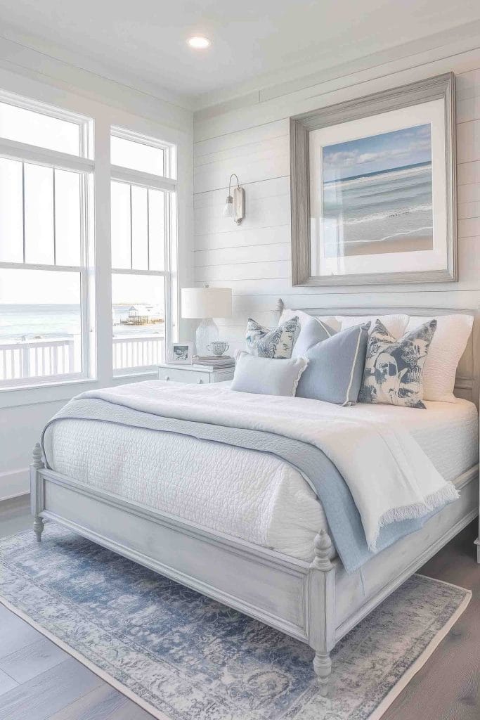 A light and airy bedroom with large windows showcasing a view of the ocean. The bed has a simple gray wooden frame and is layered with white linens and light blue pillows. A beautiful beachscape artwork hangs above the bed, with two side tables and lamps completing the soft coastal look. The flooring is covered by a subtle, muted blue patterned rug.