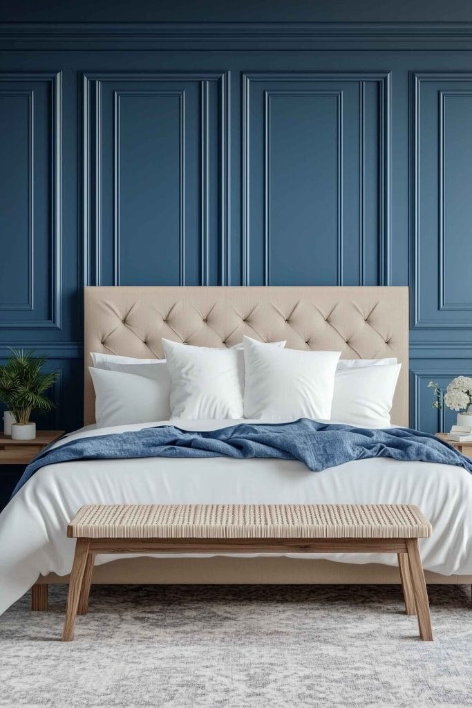 A modern bedroom with a bold deep blue wall serving as a striking backdrop for a beige tufted headboard. The bed is adorned with white bedding and a dark blue throw, creating a contrast that adds a sophisticated edge to the coastal theme. A light wooden bench sits at the foot of the bed, and light wood tones add warmth to the contemporary setting.