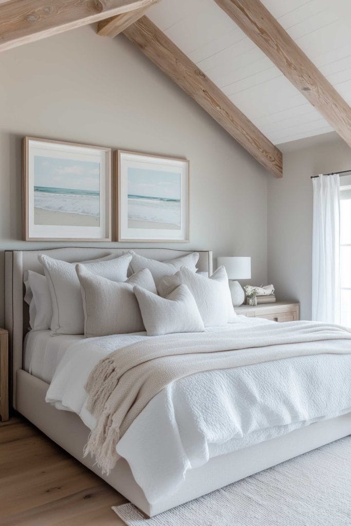 This peaceful bedroom highlights natural wood beams on the ceiling and a neutral color palette. The bed features a padded headboard with all-white bedding and soft, off-white pillows. Two framed ocean landscape paintings hang above the bed, while the bedside tables are simple and adorned with a few decorative accents. Natural light fills the space, enhancing the calming and earthy coastal vibe.