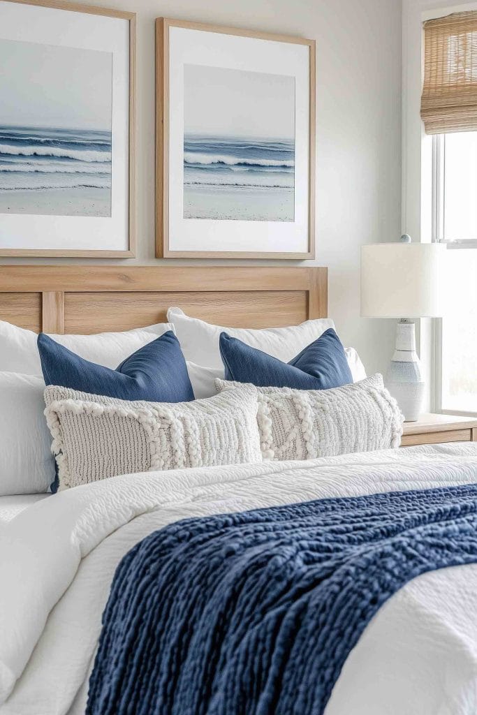 A cozy bedroom with a light wood headboard and white bedding accented with navy blue throw pillows. Two framed beach-themed prints depicting ocean waves hang above the bed, creating a calm, coastal ambiance. A textured navy throw is draped at the foot of the bed.